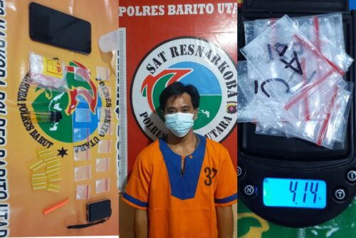 TERSANGKA NARKOBA: Seorang pemuda pengangguran berinisial AY alias D (39 tahun) ditangkap polisi di rumahnya di Kelurahan Lahei II, Kecamatan Lahei, Kamis (22/4).FOTO SATRESNARKOBA POLRES BATARA