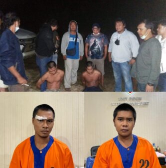 DITANGKAP : Dua tersangka pembunuh Hj Kamriah ditangkap polisi, Jumat (18/6).