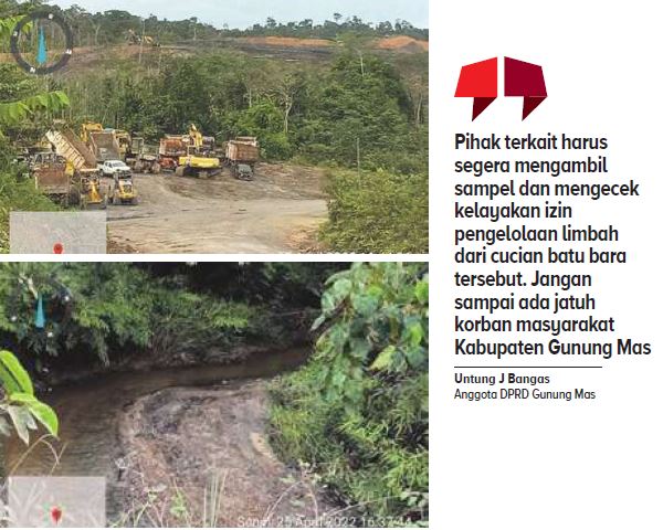 DIDUGA : Lokasi diduga adanya pencemaran lingkungan. Karena cucian limbah batubara langsung dibuang ke sungai kecil di sekitar Desa Tambirah, Kabupaten Gunung Mas.