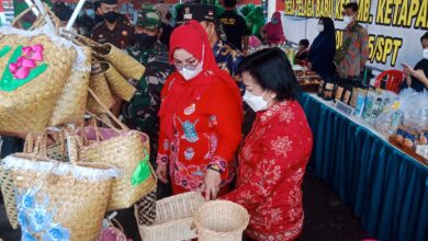 KERAJINAN : Ketua DPRD Kotim Dra. Rinie melihat kerajinan tangan yang dibuat oleh para UMKM Kabupaten Kotim belum lama ini.