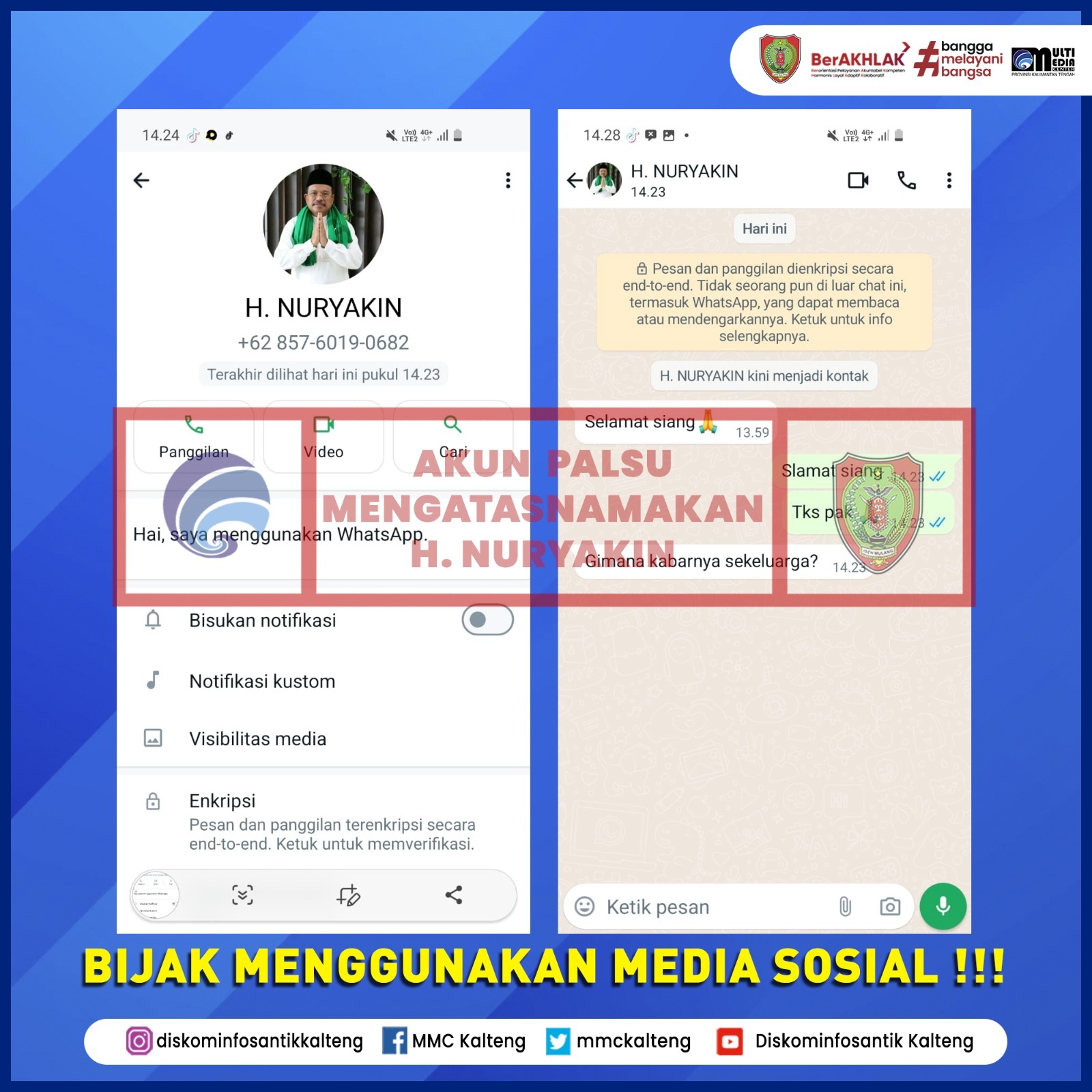 Akun Whatsapp Palsu Sekda Provinsi Kalteng