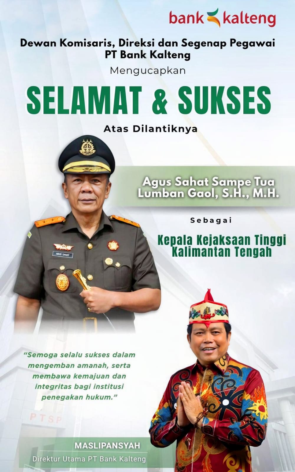 Direktur Utama PT. Bank Kalteng, Maslipansyah