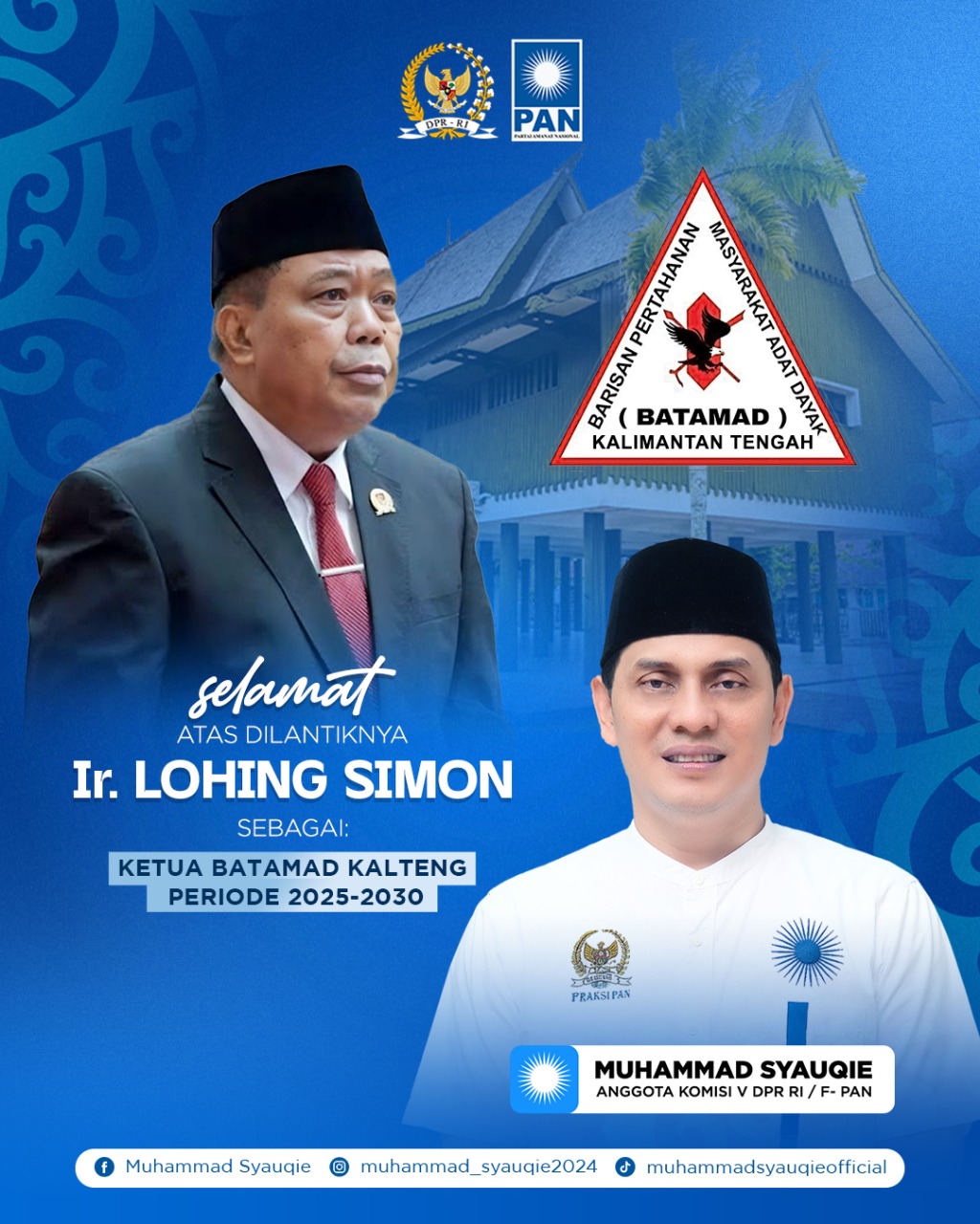 Muhammad Syauqie Ucapkan Selamat atas Pengukuhan Ir. Lohing Simon sebagai Kepala Batamad Kalteng Periode 2025–2029