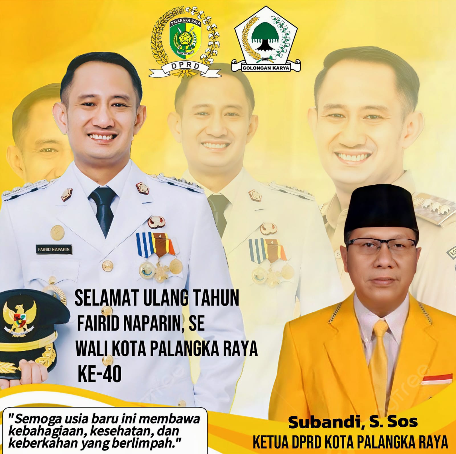 Ketua DPRD Kota Palangka Raya, Subandi, S.Sos., menyampaikan ucapan selamat ulang tahun ke-40 kepada Wali Kota Palangka Raya