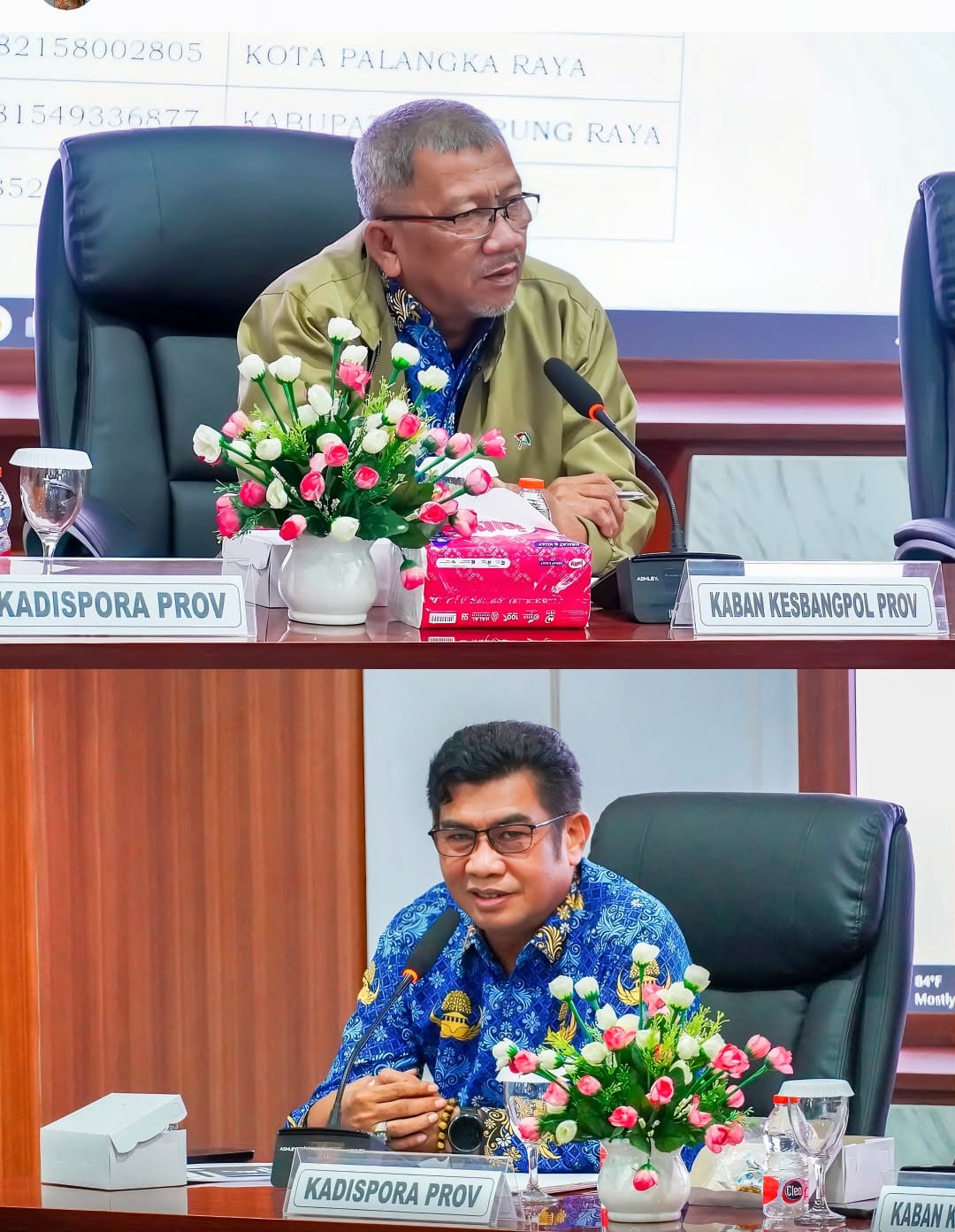Kepala Kesbangpol Kalteng, Katma F. Dirun (atas), Kadispora Kalteng, Agus Siswadi (bswah).