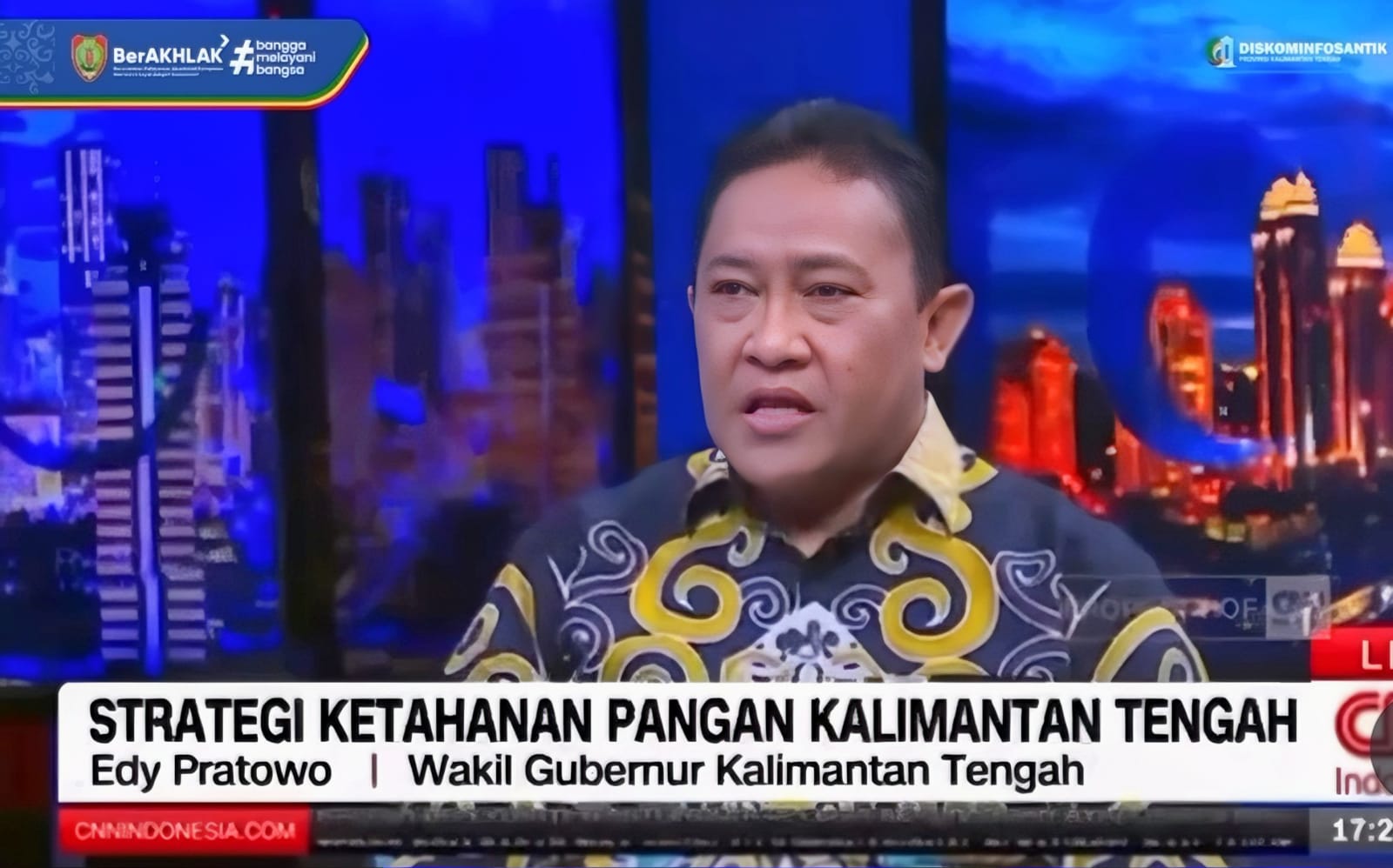 Wagub Kalteng, H. Edy Pratowo saat menjadi narasumber di program CNN Indonesia Newsroom bertajuk “Bicara Soal Ketahanan Pangan”,