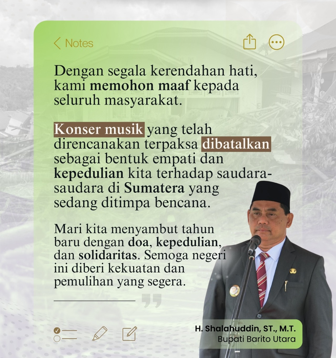 Pengumuman dari Bupati Barito Utara H Shalahuddin terkait pembatalan kegiatan hiburan di wilayah Kabupaten Barito Utara.