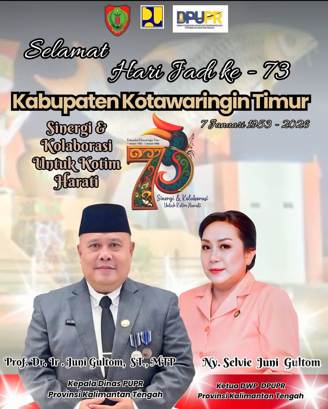 Ucapan Dirgahayu Kotim ke-73 dari Kadis PUPR Kalteng, Prof. Dr. Ir. Juni Gultom, ST., MTP beserta istri.