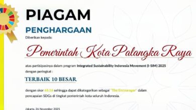 Piagam Penghargaan yang di terima Pemko Palangka Raya kategori10 besar kota terbaik di Indonesia