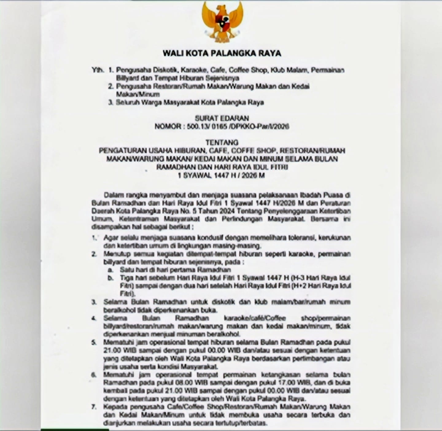 Pemko Palangka Raya Atur Jam Operasional Hiburan dan Kuliner Selama Ramadan.