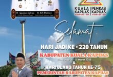 Ucapan selamat hari jadi ke-220 Kabupaten Kuala Kapuas dan Hari Ulang Tahun ke-75 Pemerintah Kabupaten Kapuas dari Kadis LH Kalteng, Joni Harta.