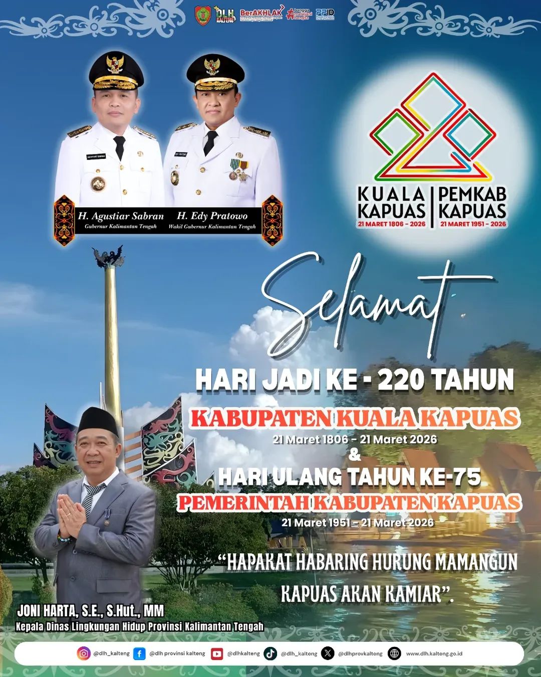 Ucapan selamat hari jadi ke-220 Kabupaten Kuala Kapuas dan Hari Ulang Tahun ke-75 Pemerintah Kabupaten Kapuas dari Kadis LH Kalteng, Joni Harta.