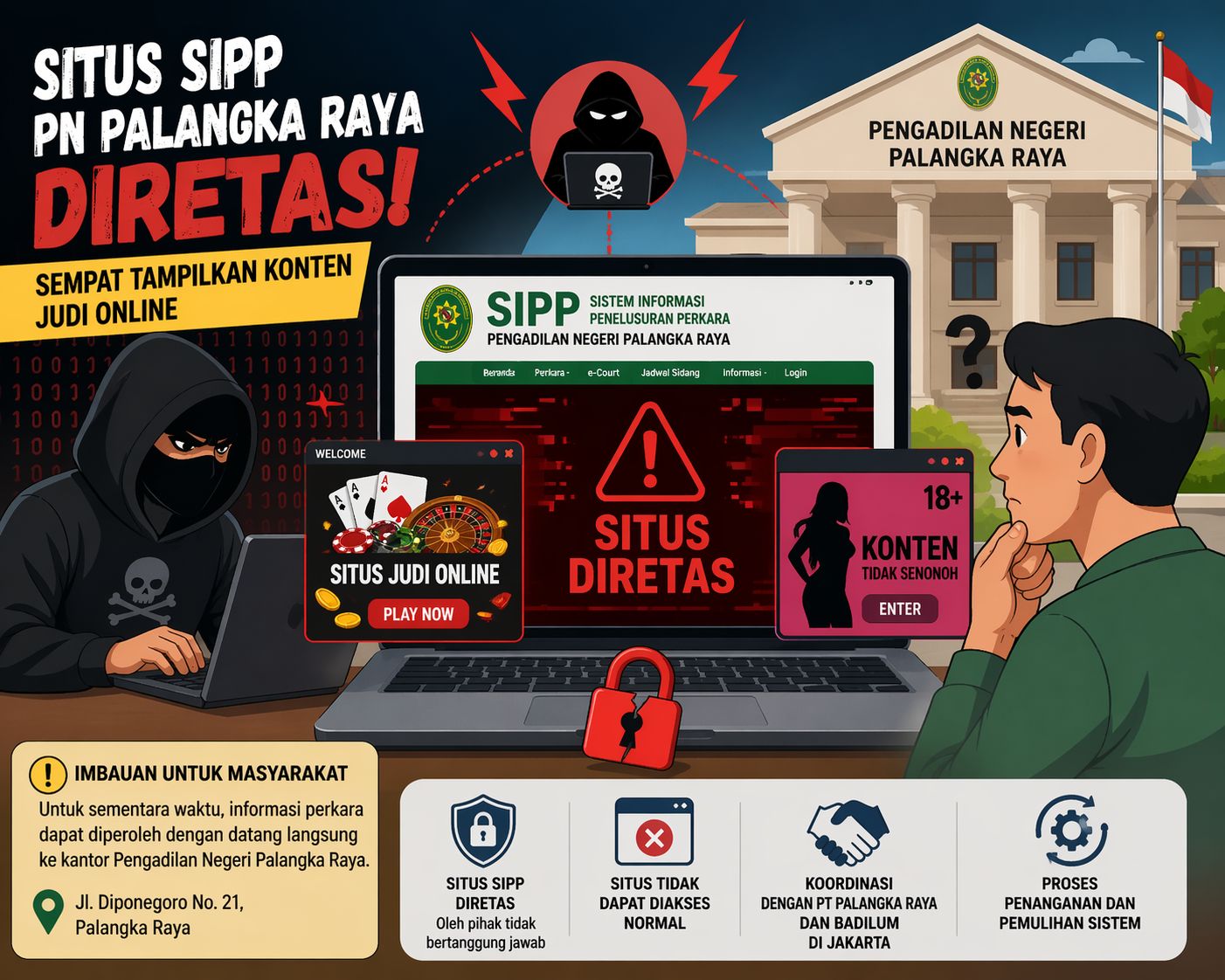 Situs SIPP PN Palangka Raya Diretas, Sempat Tampilkan Konten Judi Online