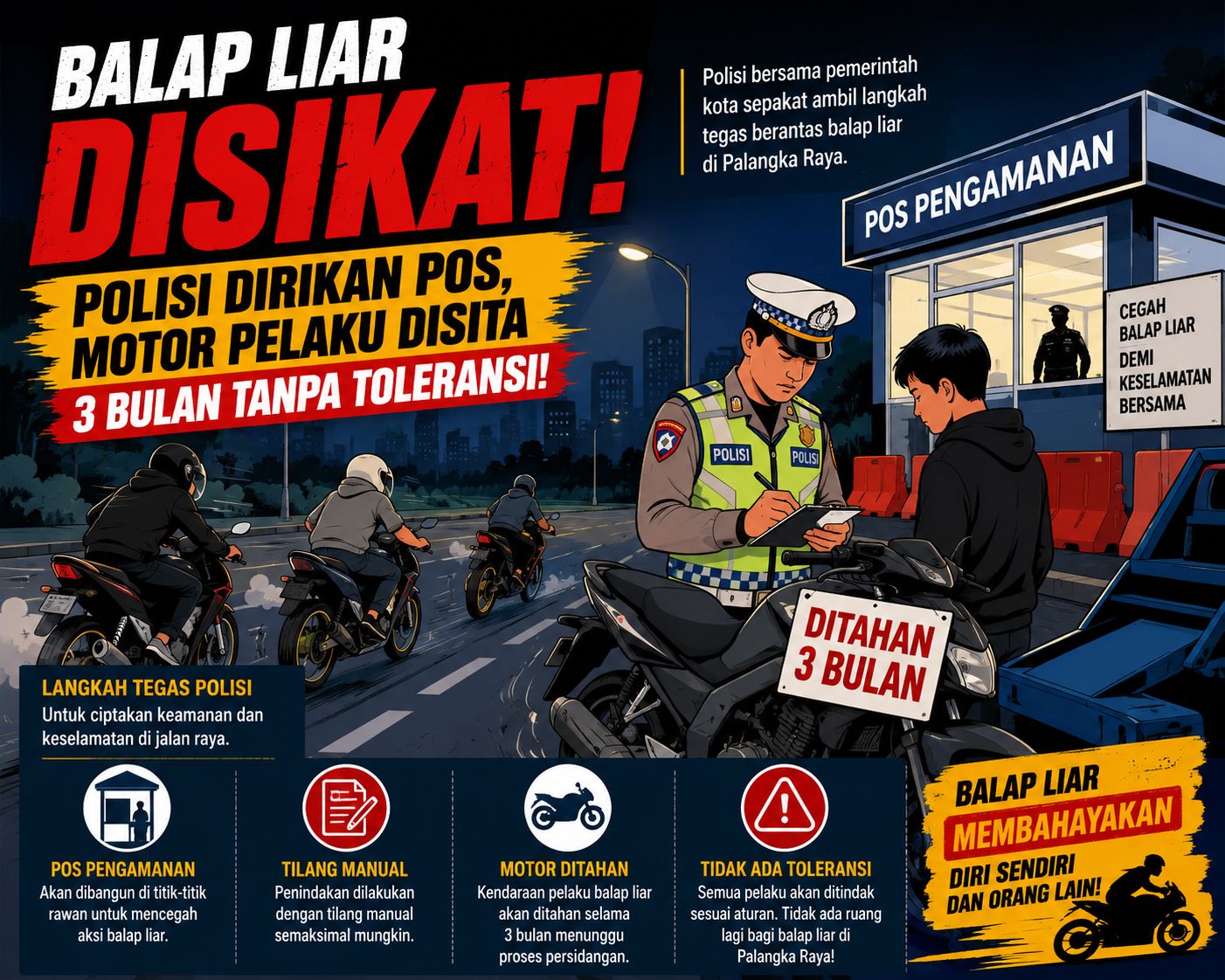 Tak Ada Ampun! Dirikan Pos Jaga, Pelaku Balap Liar Siap-Siap Kehilangan Motor 3 Bulan