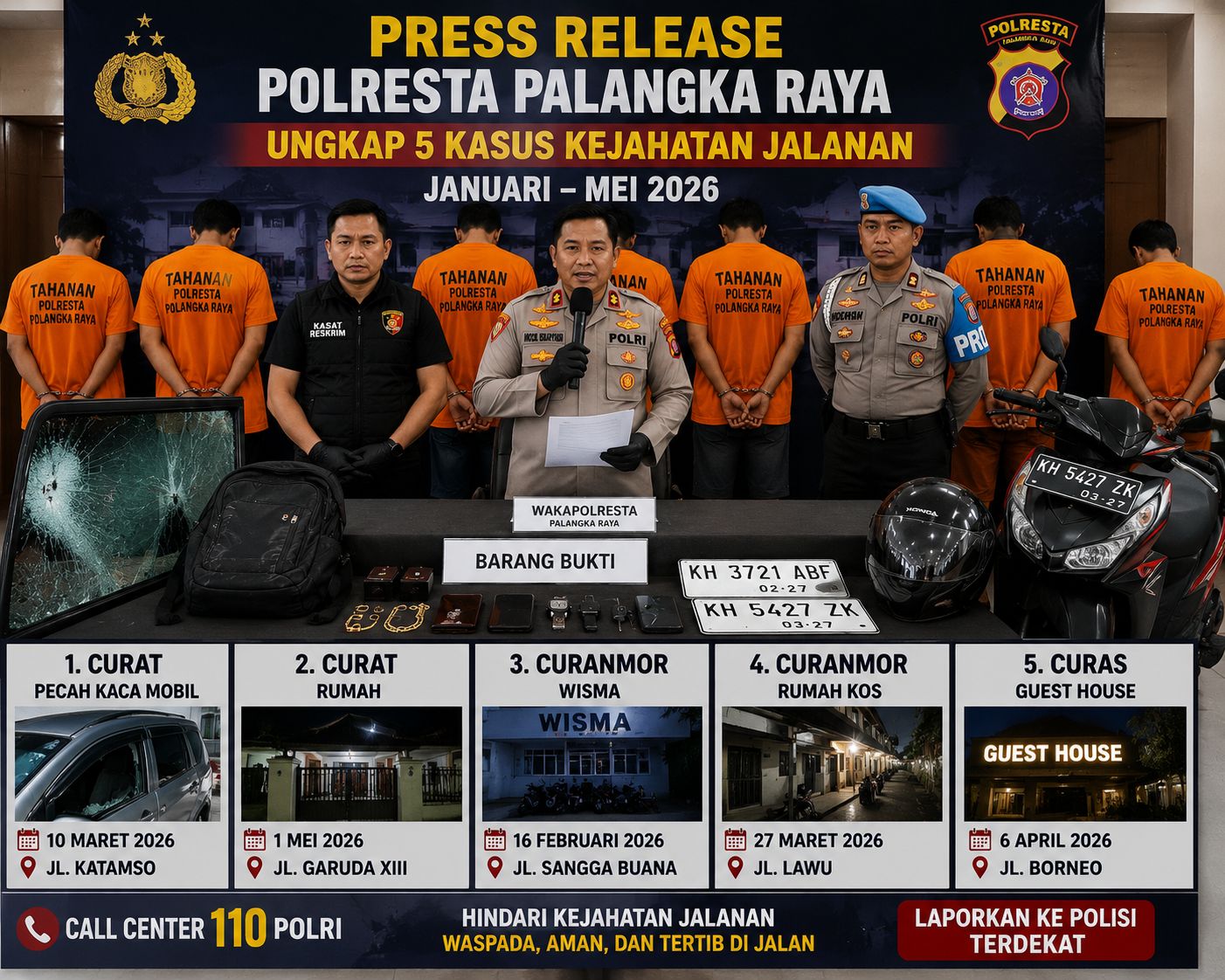 Polresta Palangka Raya Ungkap 5 Kasus Kejahatan Jalanan
