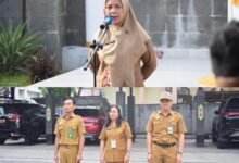 Kepala Dislutkan Kalteng, Sri Widanarni, S.I.P., M.Si., saat memimpin apel pagi rutin lingkup Dislutkan Kalteng