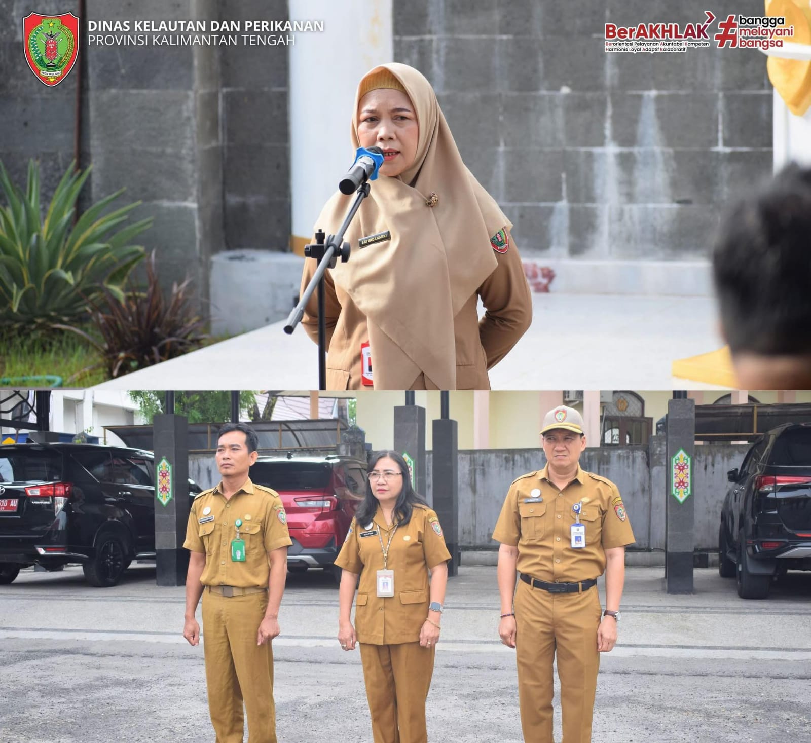 Kepala Dislutkan Kalteng, Sri Widanarni, S.I.P., M.Si., saat memimpin apel pagi rutin lingkup Dislutkan Kalteng