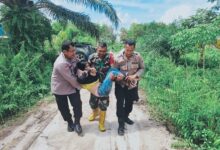 Personel Polsek Pahandut ketika mengevakuasi seorang terduga ODGJ
