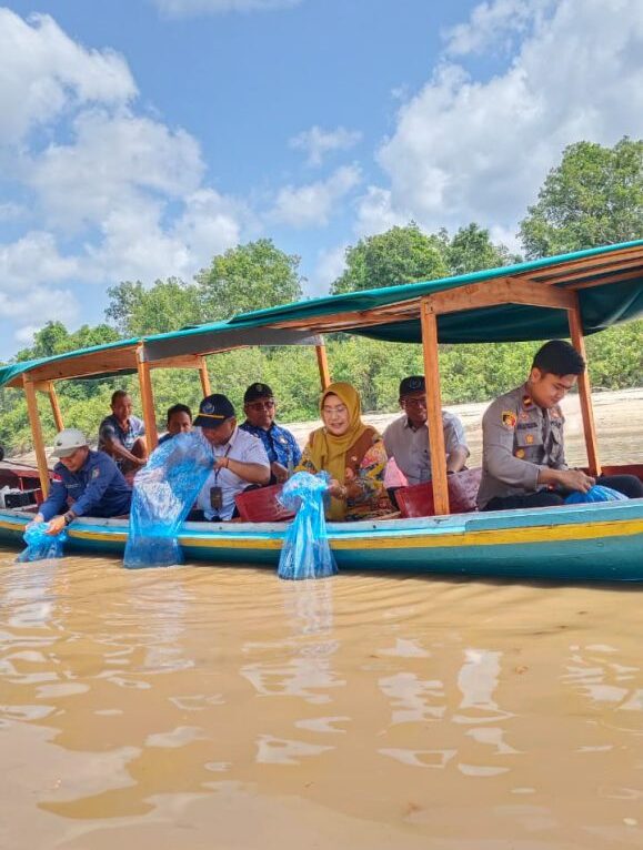 Kepala Dinas Perikanan Palangka Raya, Ir Indriarti Ritadewi MAB (pakai jilbab), saat menebarkan benih ikan betok dan gabus di Sei Gohong