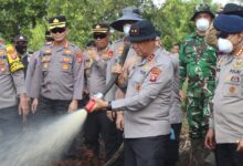 Kapolda Kalteng Irjen Pol Iwan Kurniawan bersama beberapa personel saat memadamkan karhutla di kawasan Tumbang Nusa