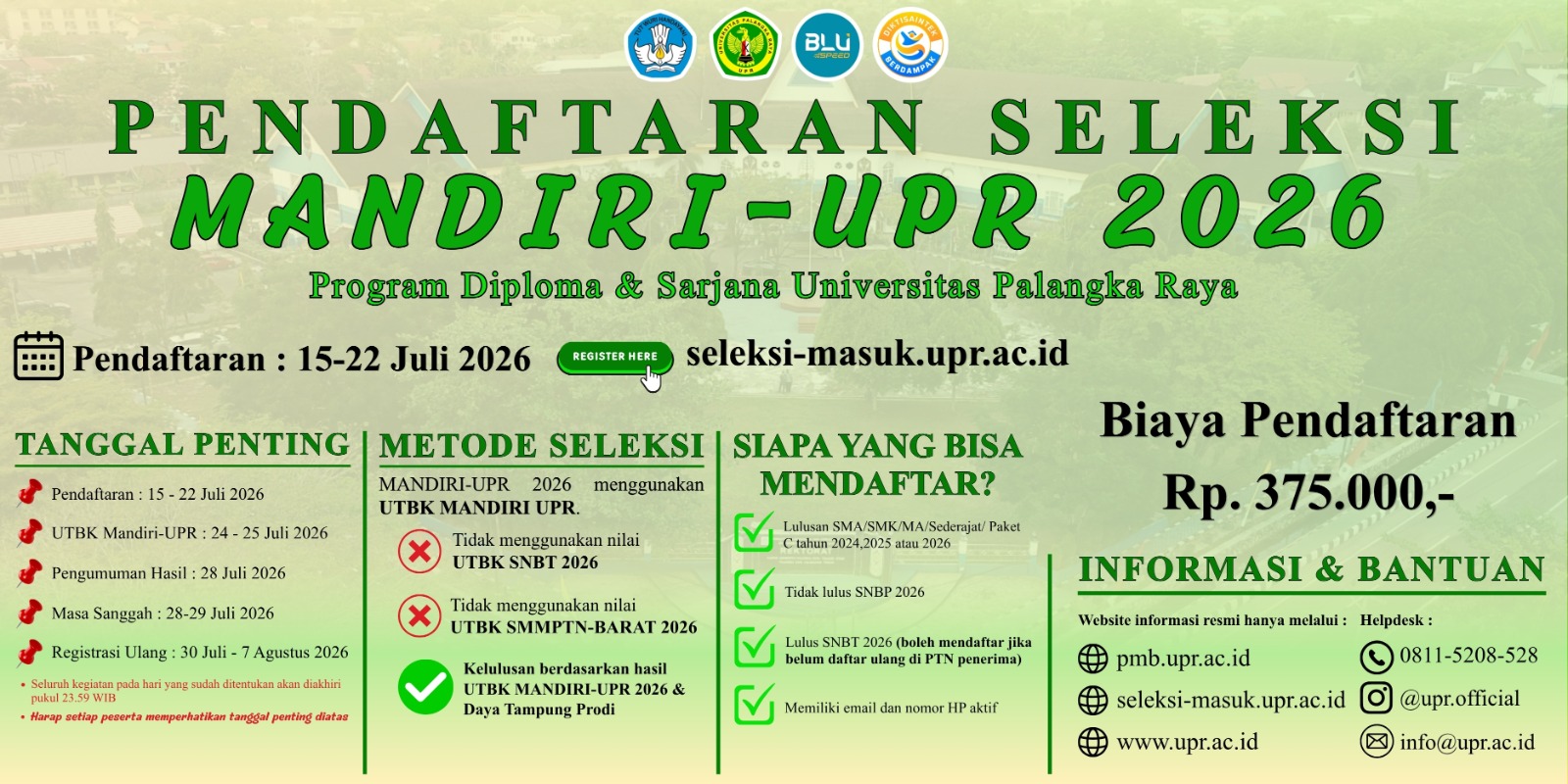 Seleksi Mandiri UPR 2026 Resmi Dibuka, Ini Jadwal dan Syarat Pendaftarannya