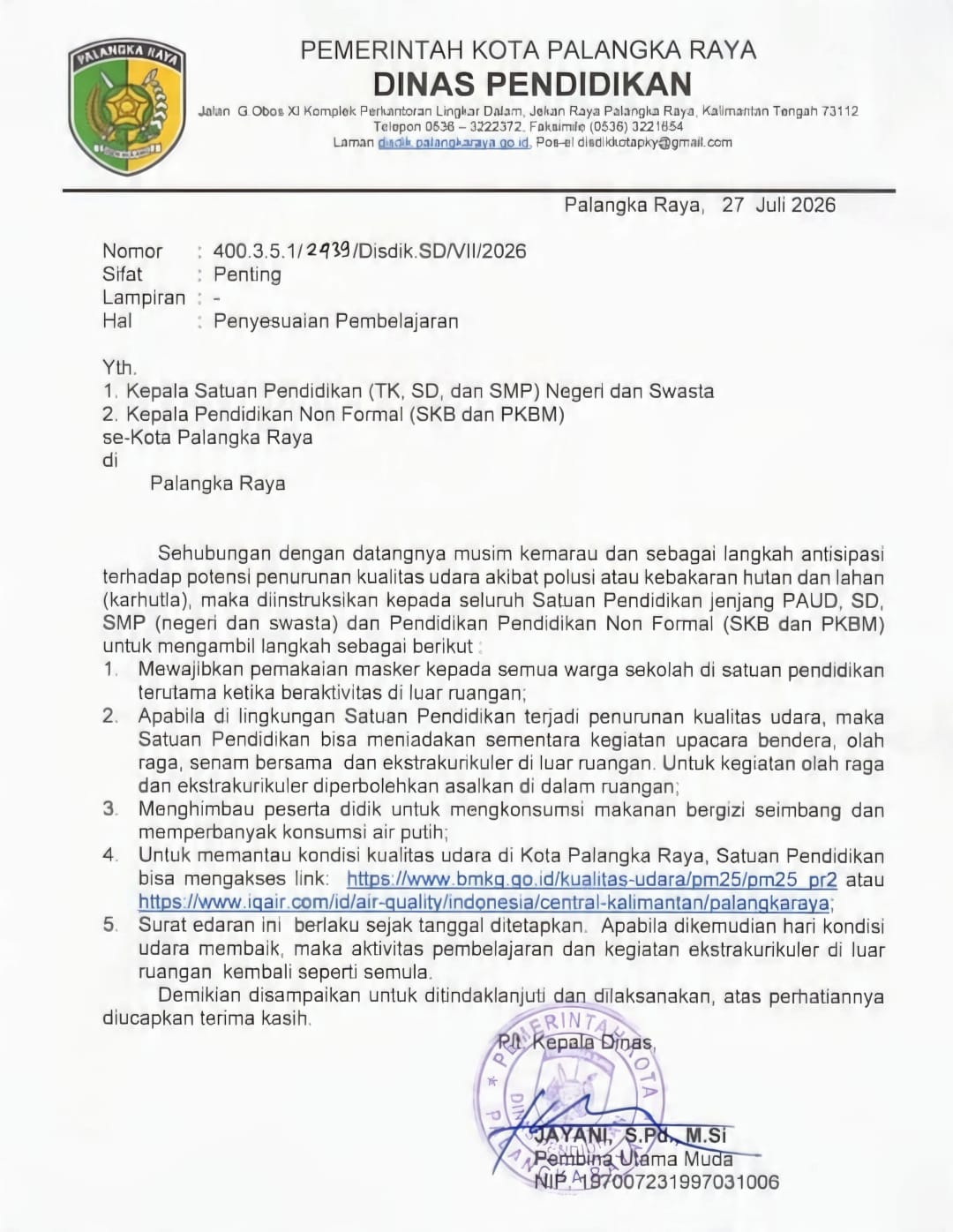 ‎Surat Edaran Nomor 400.3.5.1/2439/Disdik.SD/VII/2026 yang diterbitkan pada 27 Juli 2026
