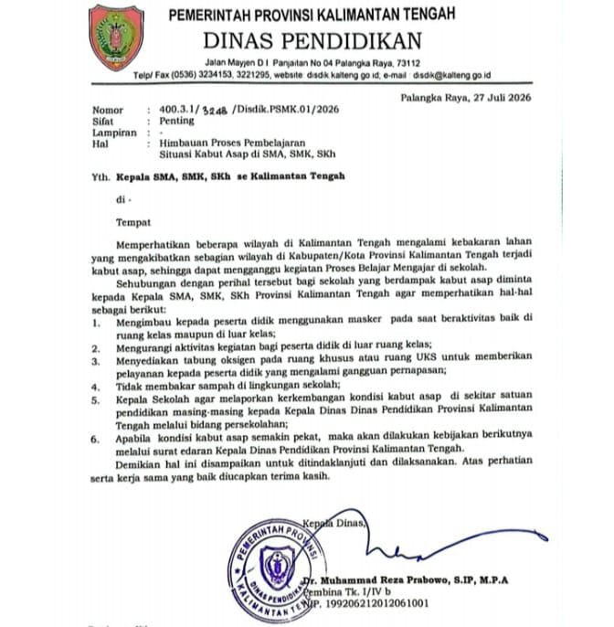 Surat Edaran Nomor 400.3.1/3248/Disdik.PSMK.01/2026 tentang Himbauan Proses Pembelajaran pada Situasi Kabut Asap di SMA, SMK, dan SKH.